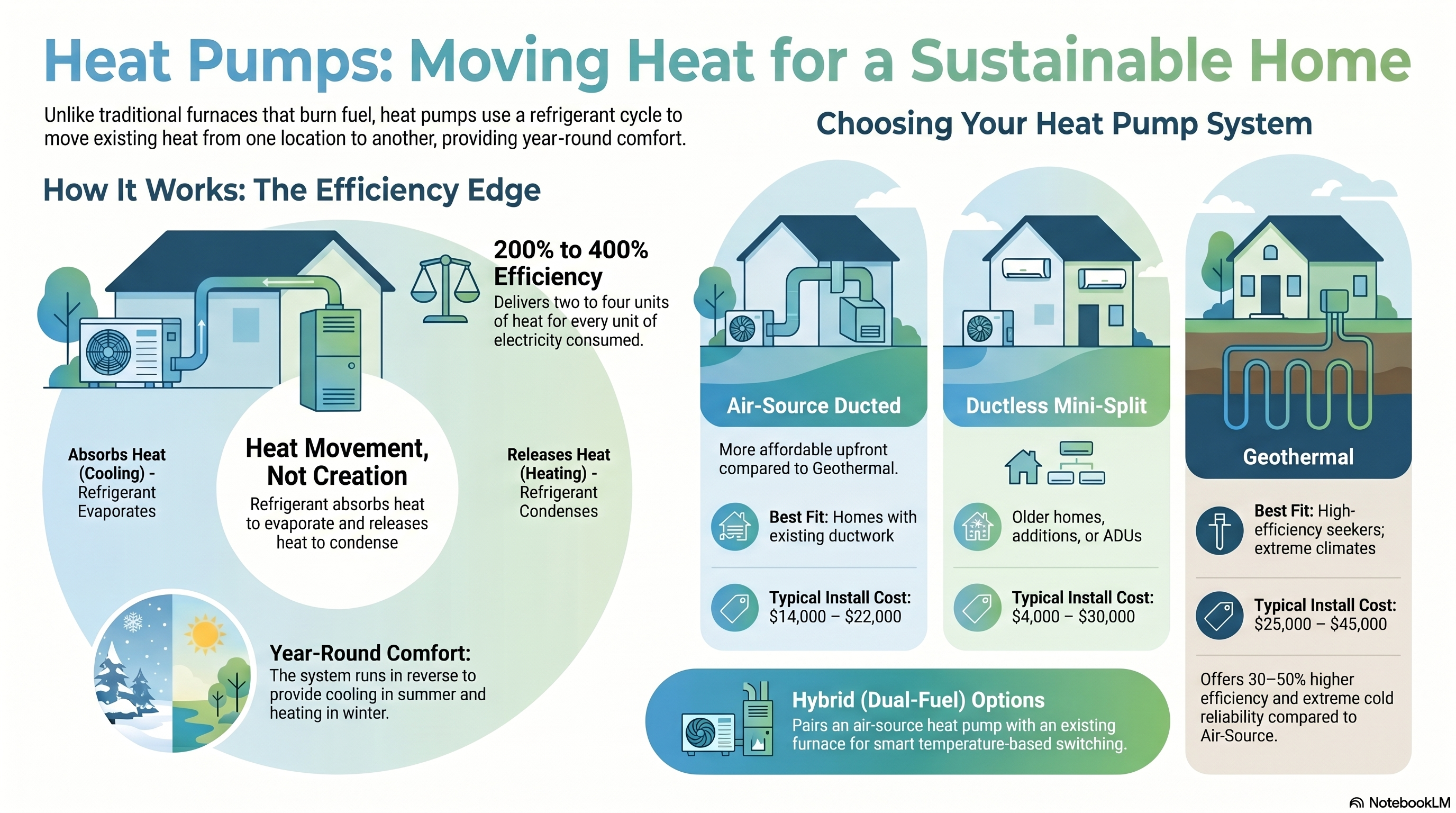 Infographic explaining heat pump systems: refrigerant cycle moving heat instead of generating it, plus side-by-side comparison of air-source ducted, ductless mini-split, and geothermal systems with typical install costs and best-fit homes.